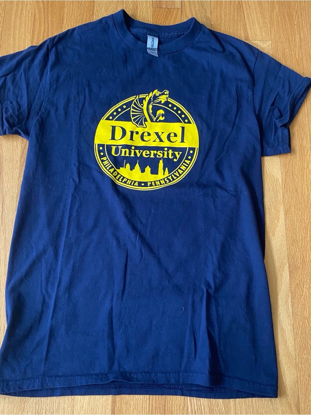 Gildan Navy Blue Drexel University Logo Tee with Yellow Seal